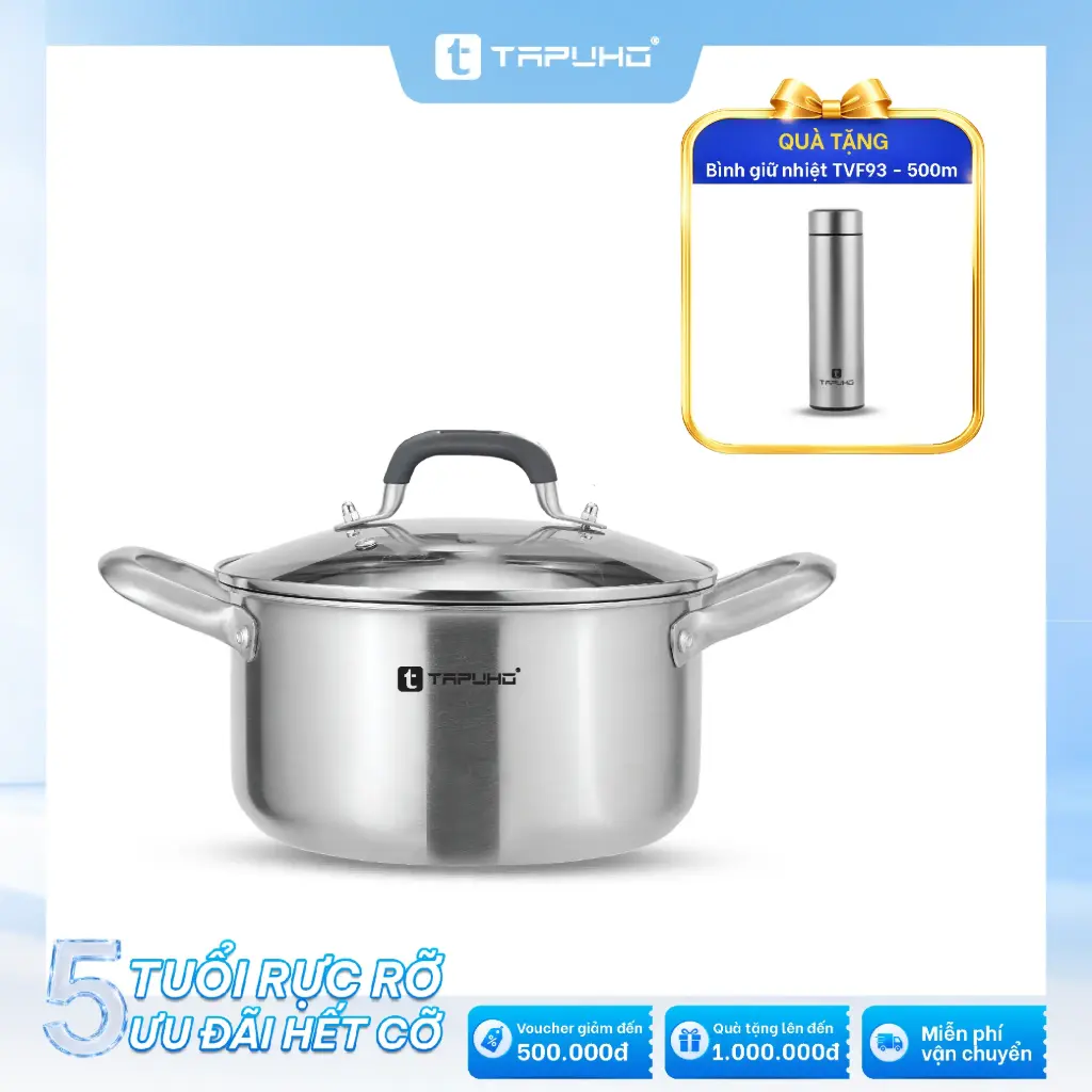 Nồi inox cao cấp 3 lớp liền khối TAPUHO TP3739 - 20cm: Tặng Bình giữ nhiệt TAPUHO TVF93