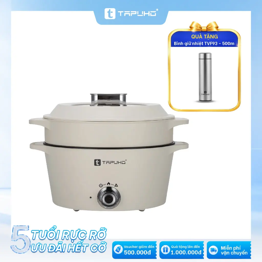 Nồi lẩu hấp nướng 2 tầng TAPUHO TMP500: Tặng Bình giữ nhiệt TAPUHO TVF93