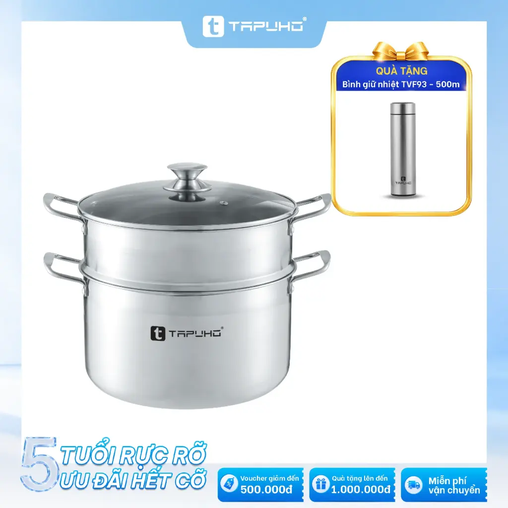 Bộ nồi xửng hấp TAPUHO TSP2825 - 28cm: Tặng Bình giữ nhiệt TAPUHO TVF93