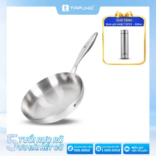 Chảo inox 3 lớp nguyên khối TAPUHO TP8789 - 26cm: Tặng Bình giữ nhiệt TAPUHO TVF93